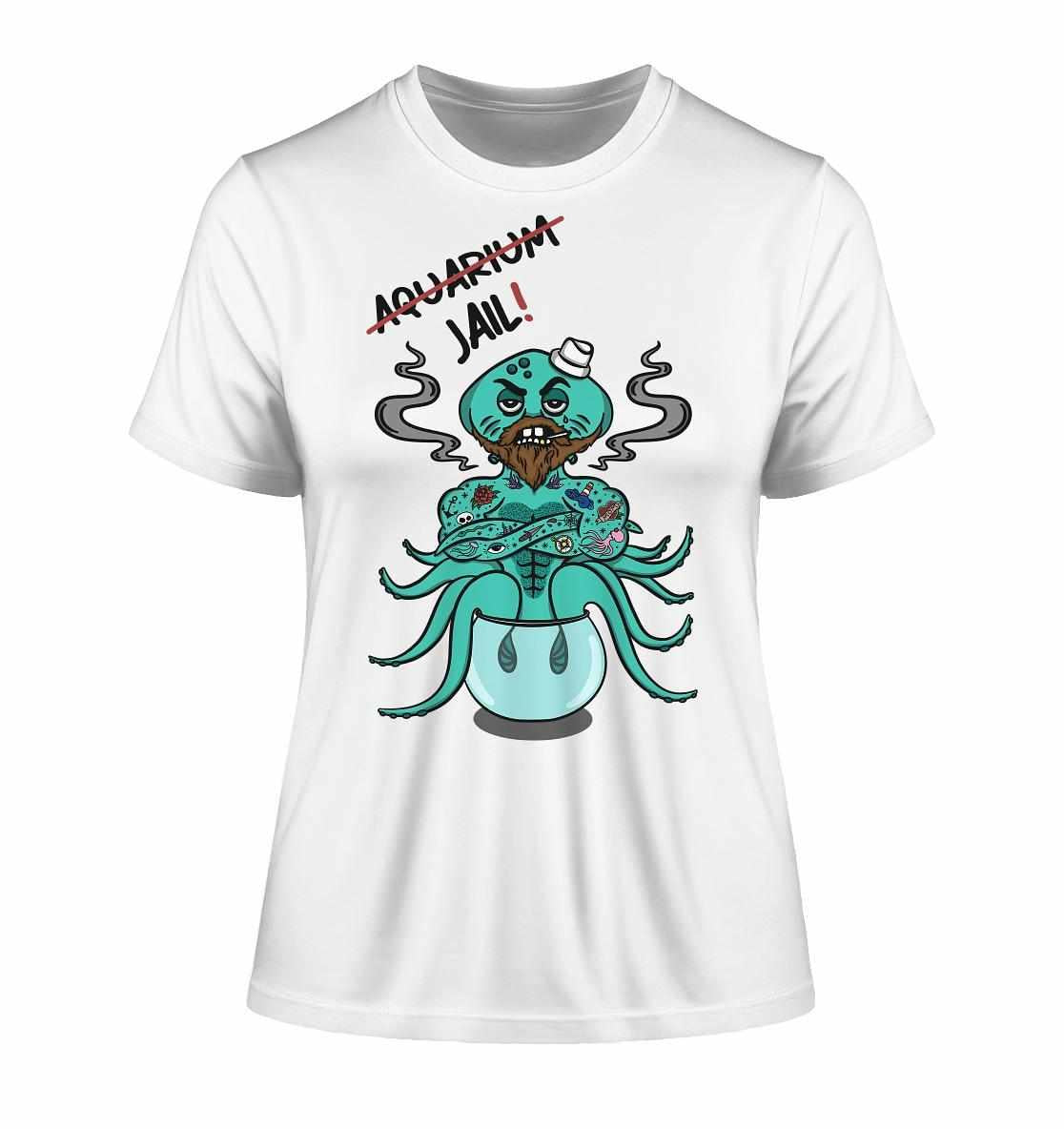 Vegan und Bio Ladies Shirt: Animal Rights - Aquarium=Jail! mit Cartoon-Oktopus, aus 100% Bio-Baumwolle, setzt ein Statement für Meereslebewesen und Tierrechte.