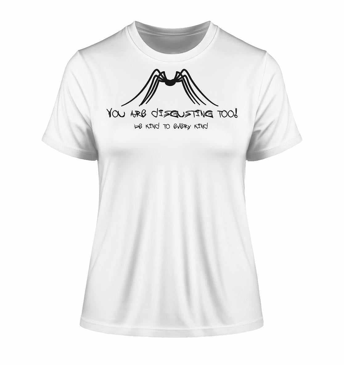 Vegan und Bio Ladies Shirt mit schwarzem Text und Spinnendesign, inspiriert vom Tierschutz. Hergestellt aus 100% Bio-Baumwolle.