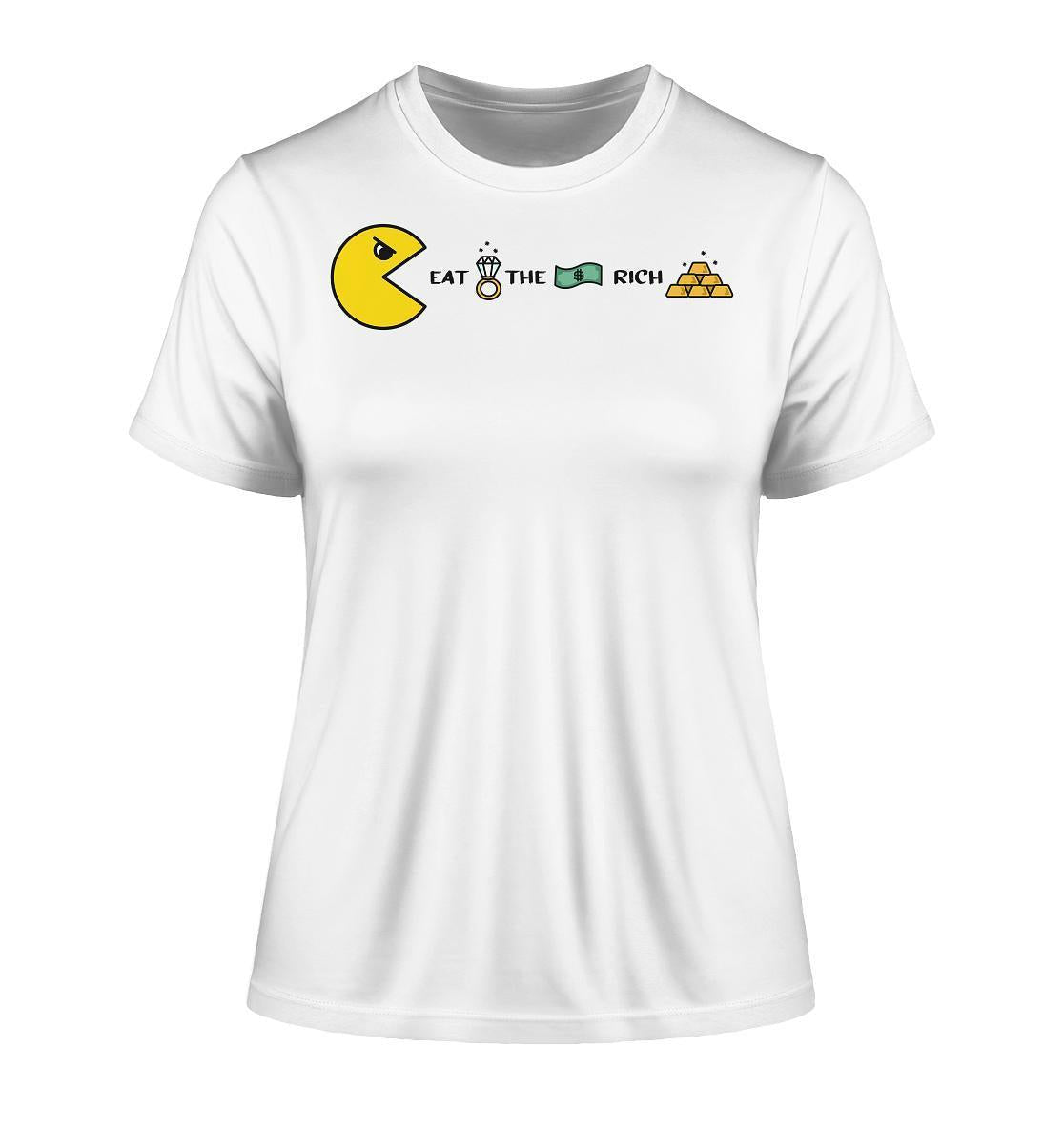 Vegan und Bio Ladies Shirt: PAC-MAN - Eat the rich, weiße T-Shirt mit Cartoon-Design, nachhaltig aus Bio-Baumwolle, rebellisches Statement zur Vermögensverteilung.
