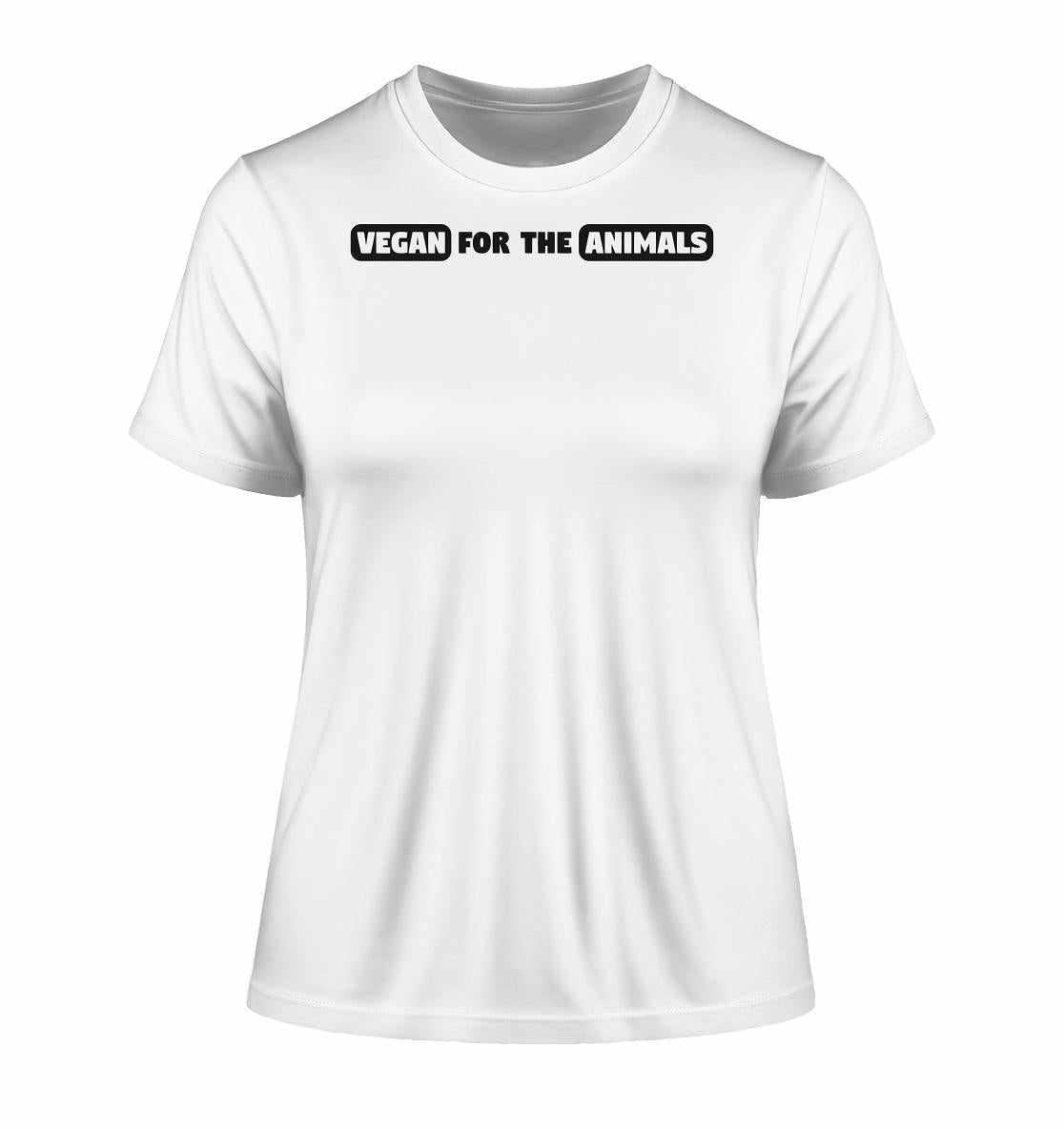 Vegan und Bio Ladies Shirt: VEGAN FOR THE ANIMALS Edition 2, weißes T-Shirt mit schwarzem Text, aus 100% Bio-Baumwolle, kurze Ärmel, umweltfreundlich produziert.