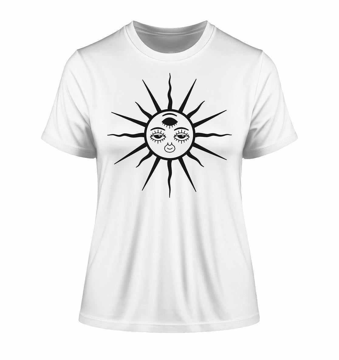 Vegan und Bio Ladies Shirt mit schwarzem Ethno-Sonnenmotiv und drei Augen, aus 100% Bio-Baumwolle, nachhaltig produziert. Perfekt für alternative und umweltbewusste Anlässe.