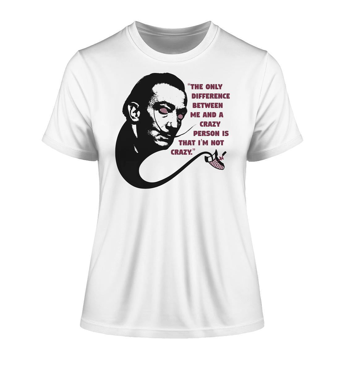 Vegan und Bio Ladies Shirt: Crazy Dali, zeigt surrealistisches Porträt eines Mannes mit Schnurrbart und Pfeife, auf weißem T-Shirt aus Bio-Baumwolle.