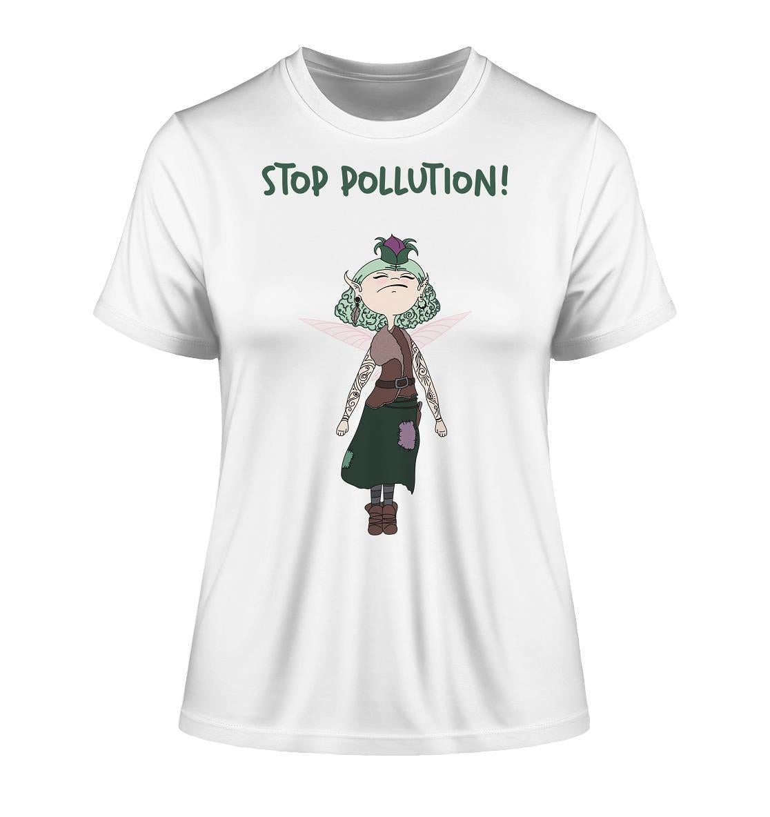 Vegan und Bio Ladies Shirt: STOP POLLUTION! - Krawall Fee mit tätowierter Märchenfigur, die gegen Umweltverschmutzung protestiert. Hergestellt aus 100% Bio-Baumwolle.