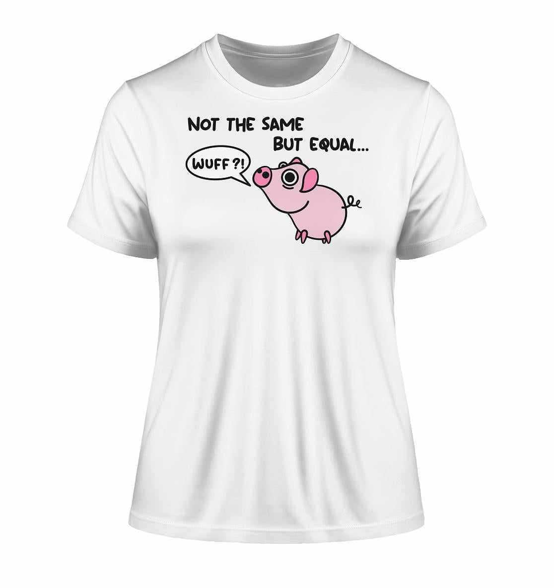 Weißes Bio-Baumwollshirt mit Cartoon-Schwein und Sprechblase, das auf Tiergleichheit hinweist. Veganes, nachhaltiges Design von RUDE REBEL, fördert Tierrechte.