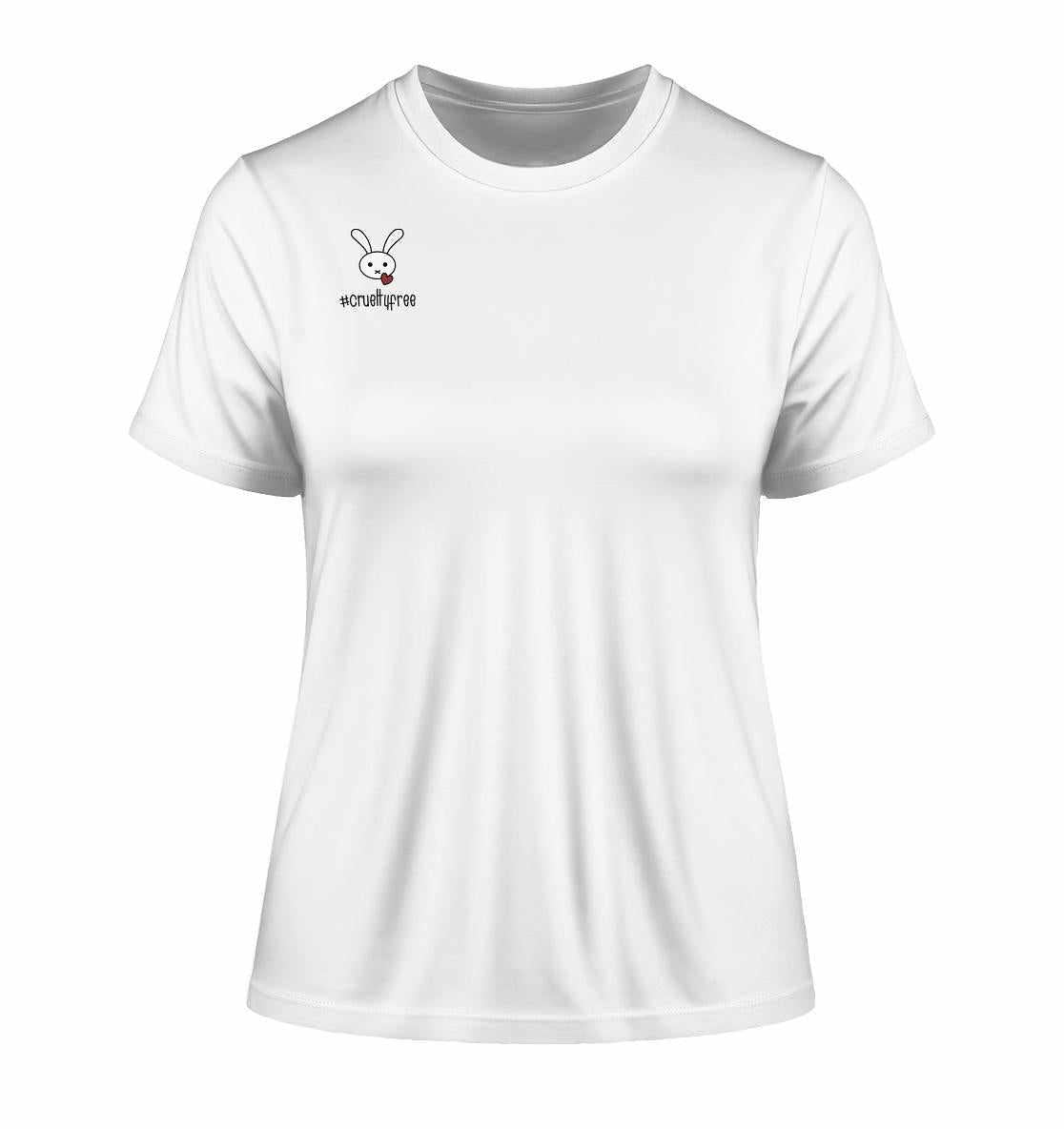 Vegan und Bio Ladies Shirt: Crueltyfree Bunny, weiß mit Cartoon-Hase und Herz, aus 100% Bio-Baumwolle, symbolisiert Engagement gegen Tierversuche in der Kosmetikindustrie.
