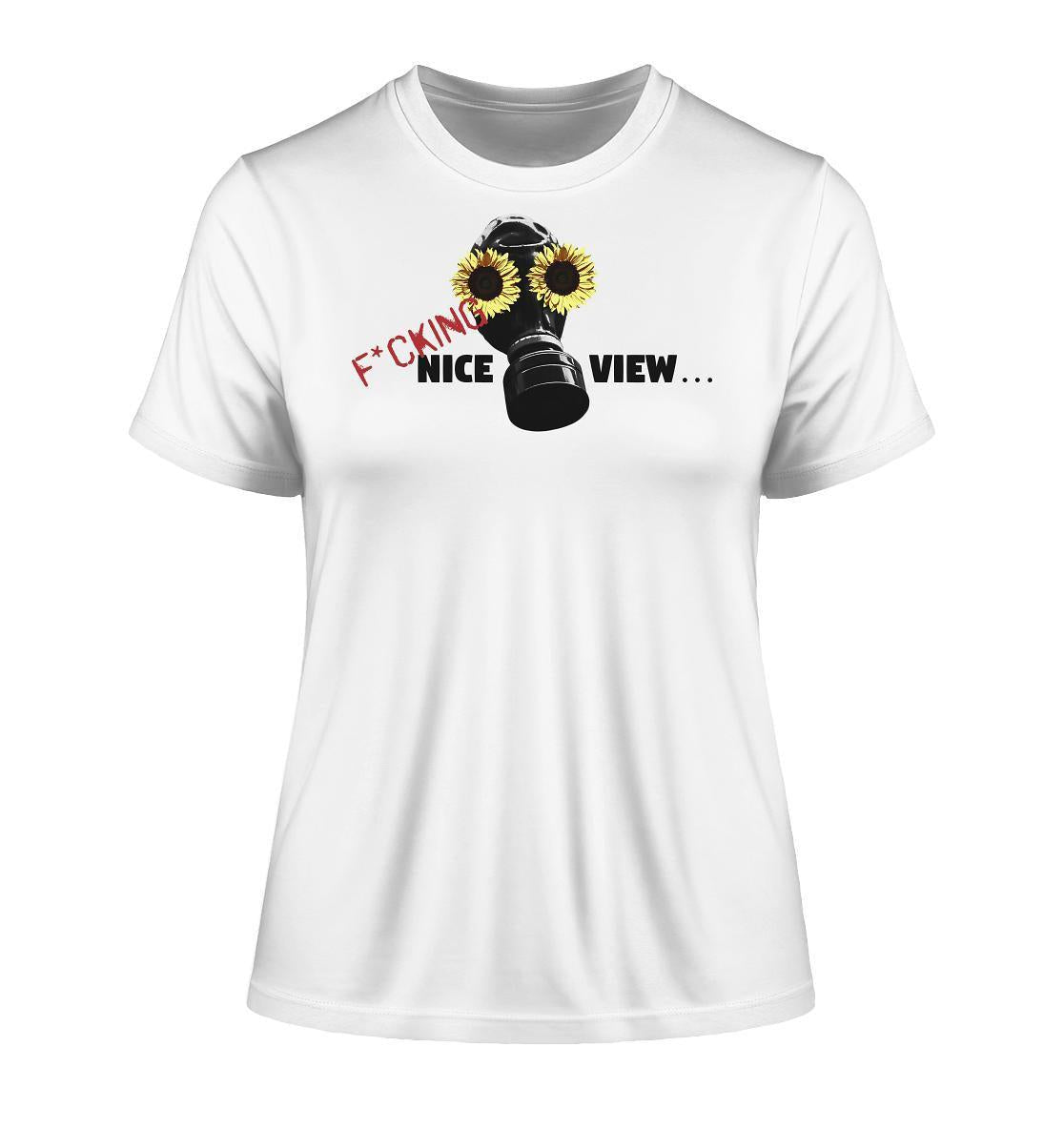 Vegan und Bio Ladies Shirt: Sunflower Mask - Weißes T-Shirt mit Gasmaske und Sonnenblumen-Design, inspiriert von nachhaltiger Mode und Umweltschutz.