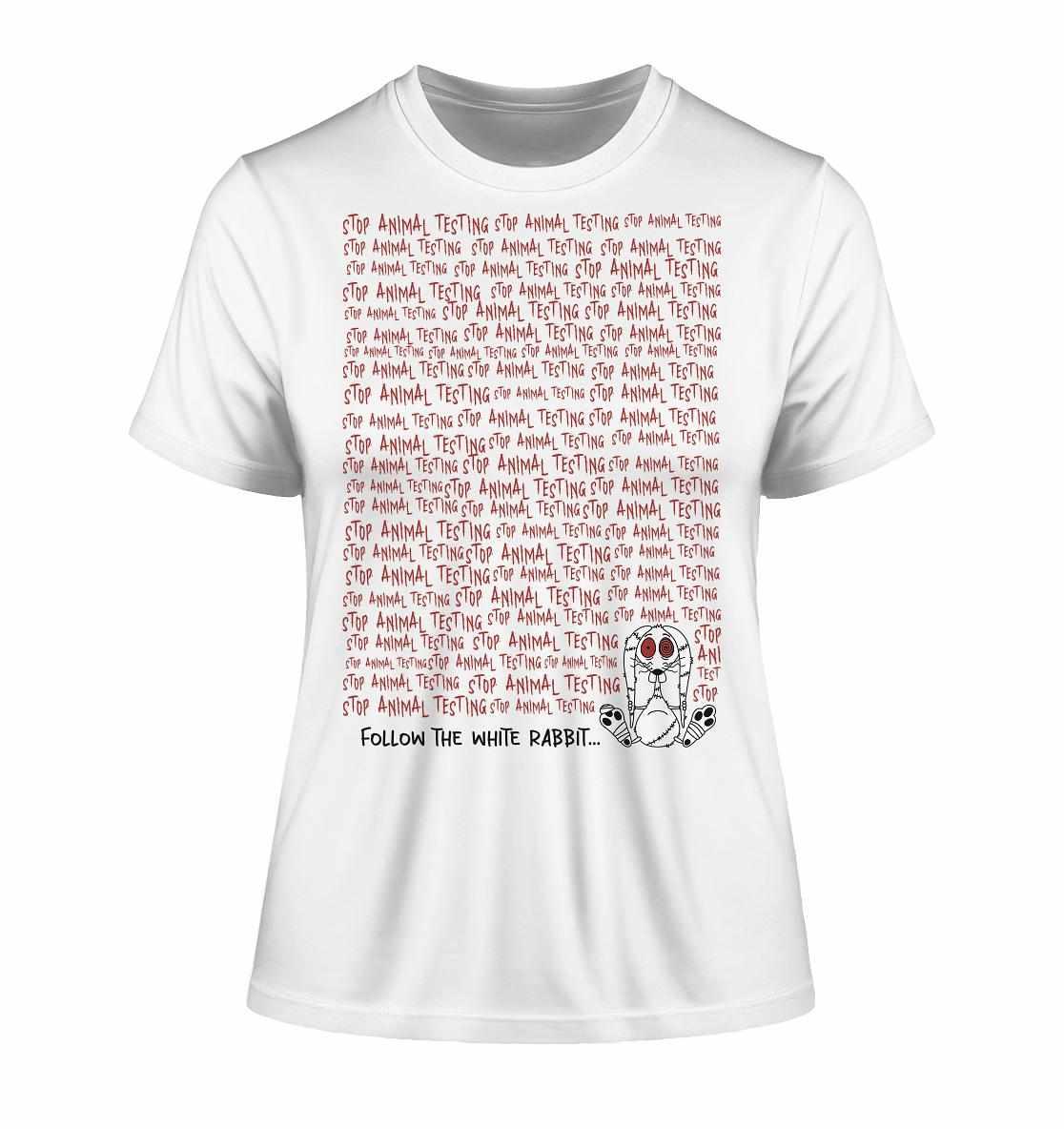 Vegan und Bio Ladies Shirt mit rotem Text und einem Cartoon-Hasen, der auf Tierversuche hinweist, aus 100% Bio-Baumwolle, von RUDE REBEL.
