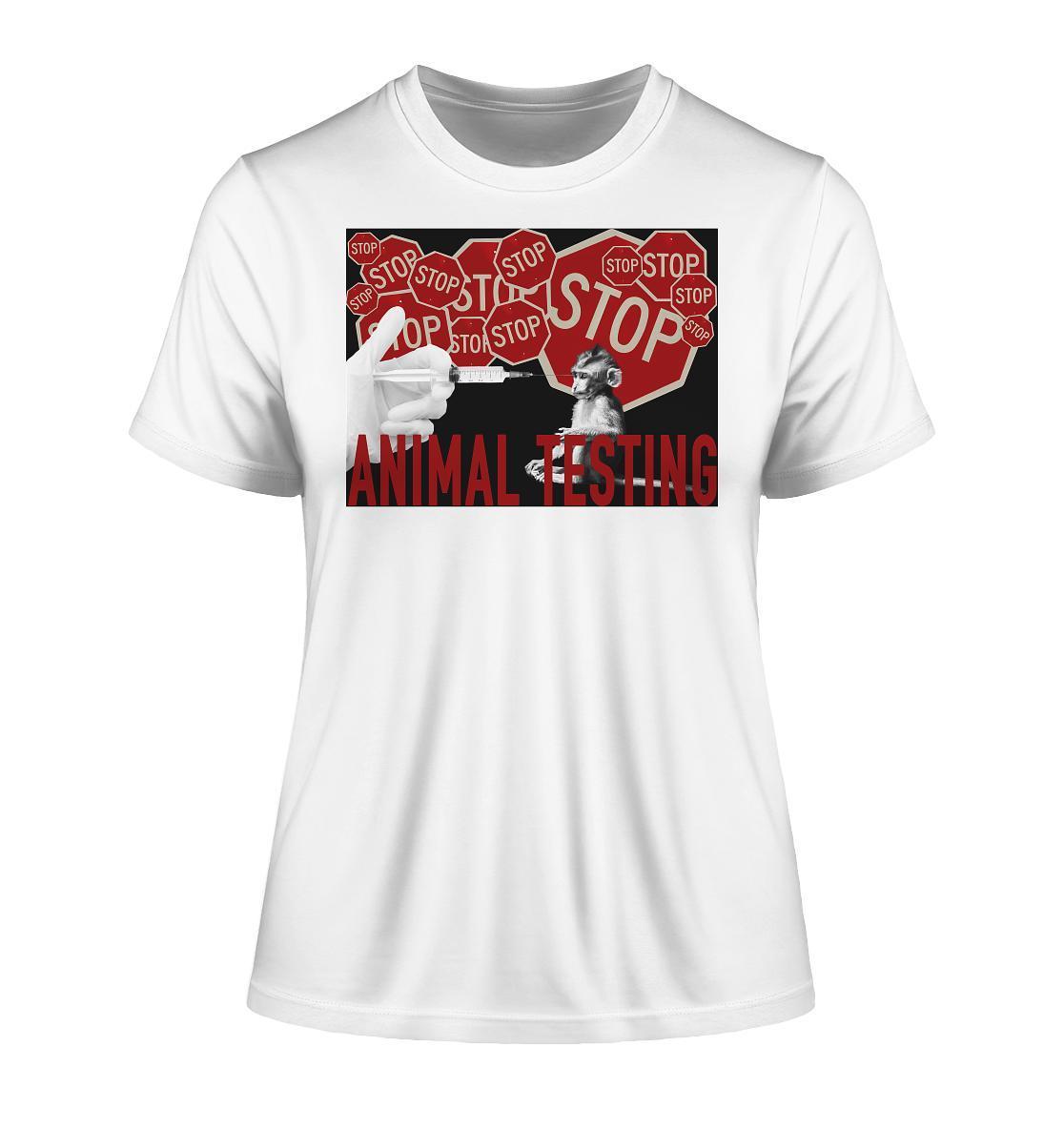 Vegan und Bio Ladies Shirt: STOP ANIMAL TESTING! mit Grafikdesign eines Affen und Spritze, aus Bio-Baumwolle, rebellisch gegen Tierversuche, von RUDE REBEL.