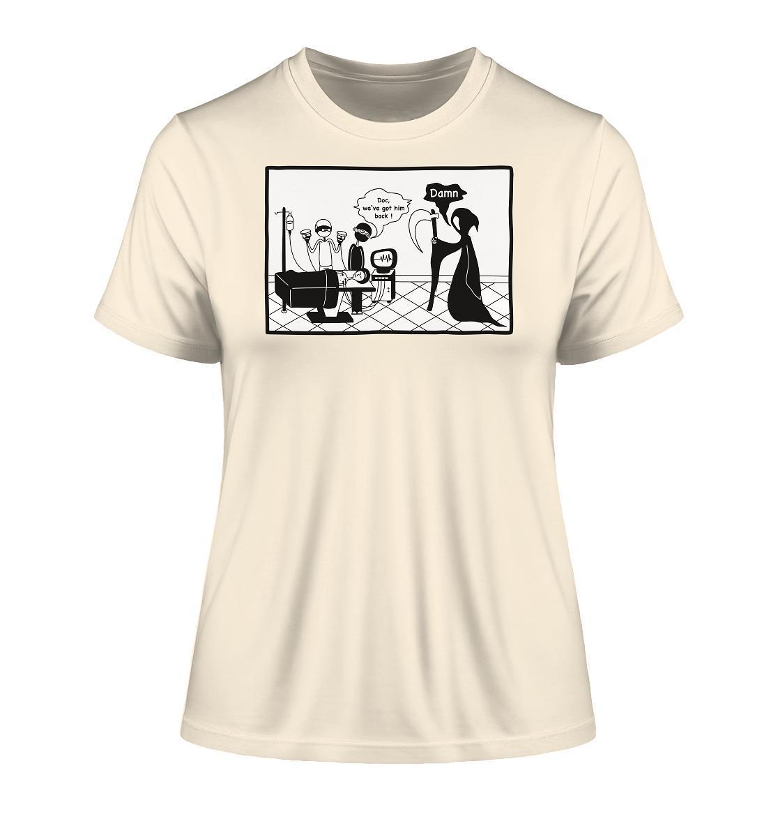 Vegan und Bio Ladies Shirt: Comicstripe - The Reaper, weißes T-Shirt mit schwarzem Humor-Comic eines Sensenmanns im Krankenhaus, aus 100% Bio-Baumwolle.