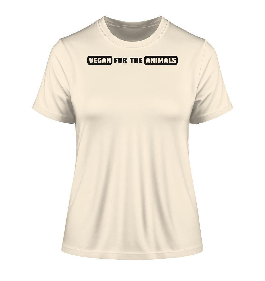 Vegan und Bio Ladies Shirt: VEGAN FOR THE ANIMALS Edition 2, weißes T-Shirt mit schwarzem Text, aus 100 % Bio-Baumwolle, umweltfreundlich produziert.