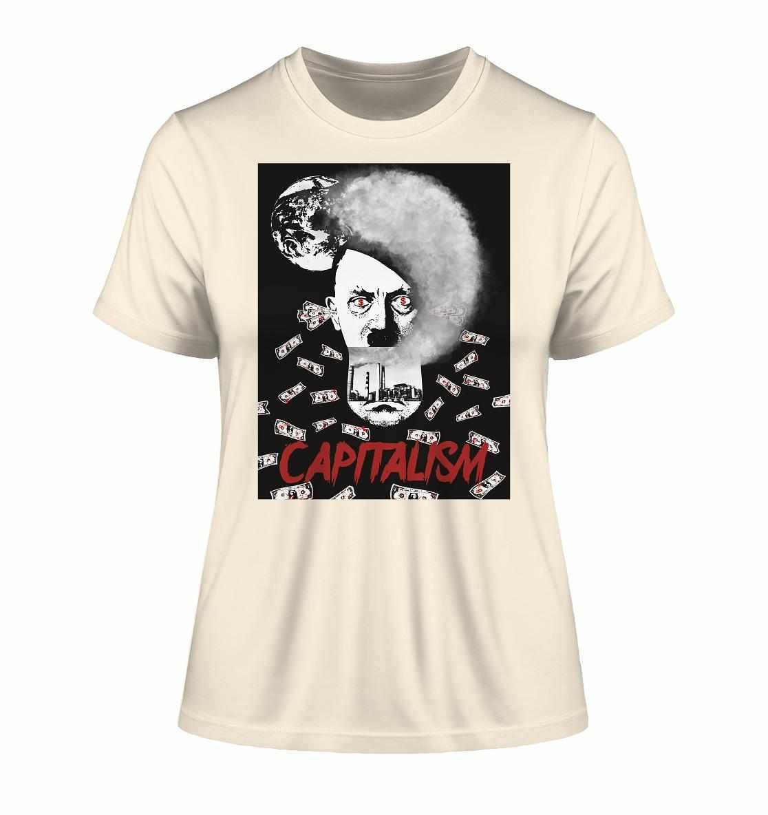 Vegan und Bio Ladies Shirt mit einem rauchenden Mann und fliegenden Geldscheinen, symbolisiert Kapitalismuskritik. Aus 100% Bio-Baumwolle, von RUDE REBEL.