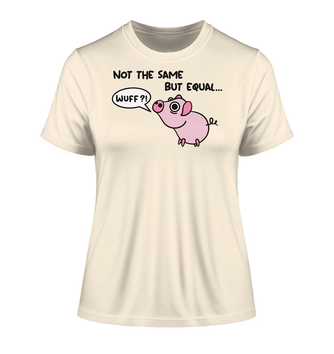 Vegan und Bio Ladies Shirt mit süßem Cartoon-Schwein und Sprechblase, aus Bio-Baumwolle. Betont Gleichheit aller Lebewesen. Von RUDE REBEL, nachhaltige vegane Marke.