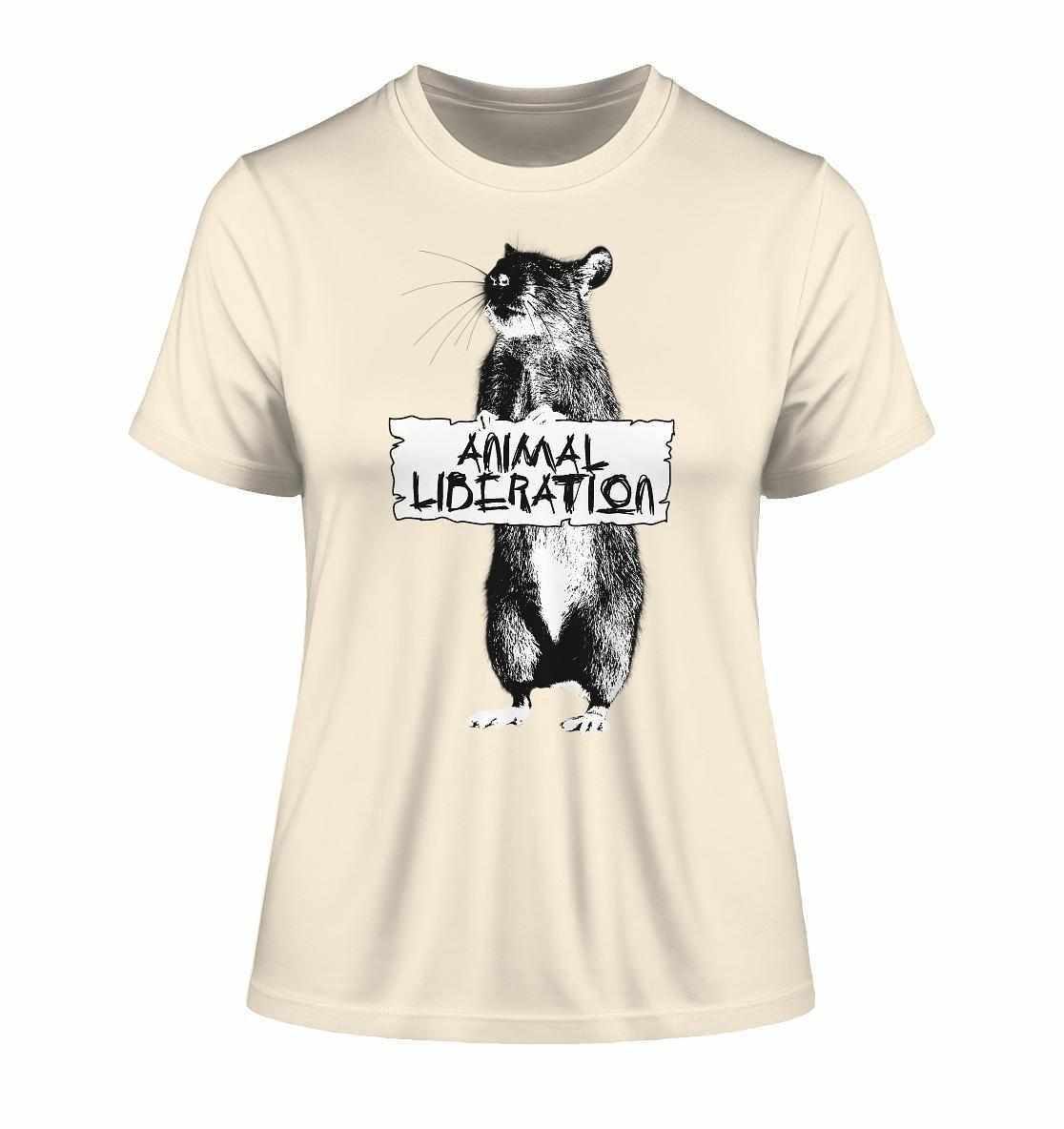 Vegan und Bio Ladies Shirt: Rat for Animal Liberation, zeigt eine digitale Collage mit einem Rattenmotiv, inspiriert von Banksy's Street Art auf Bio-Baumwolle.