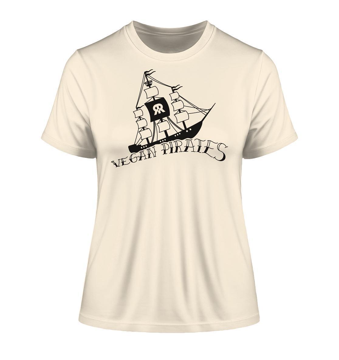 Vegan und Bio Ladies Shirt: Vegan Pirates mit Piratenschiff-Design auf weißem T-Shirt aus Bio-Baumwolle, Teil der nachhaltigen RUDE REBEL Kollektion.