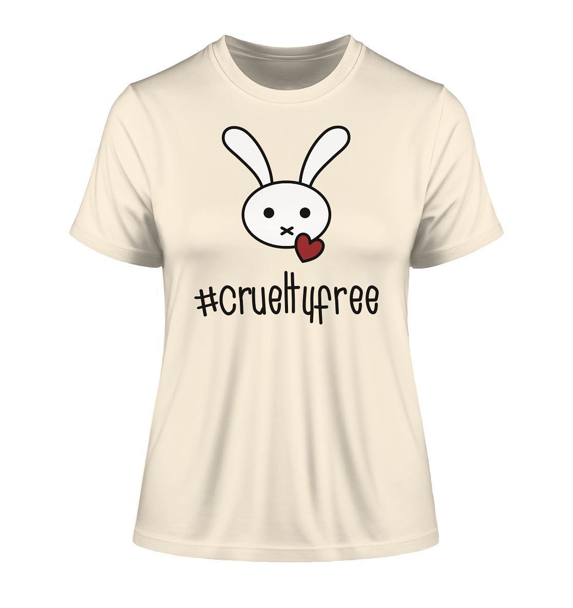 Vegan und Bio Ladies Shirt: Crueltyfree Bunny BIG, weißes T-Shirt mit Cartoon-Hase und Herzmotiv, aus Bio-Baumwolle, symbolisiert vegane Bewegung gegen Tierversuche.