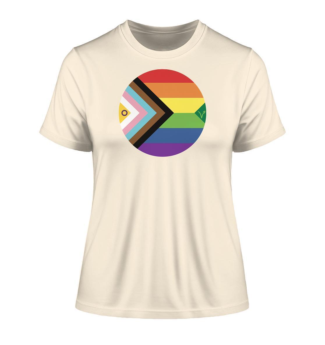 Vegan und Bio Ladies Shirt: LGBTQAI+ Veganismus, zeigt einen Regenbogenkreis auf weißem Hintergrund, aus 100% Bio-Baumwolle, symbolisiert Freiheit und Liebe.
