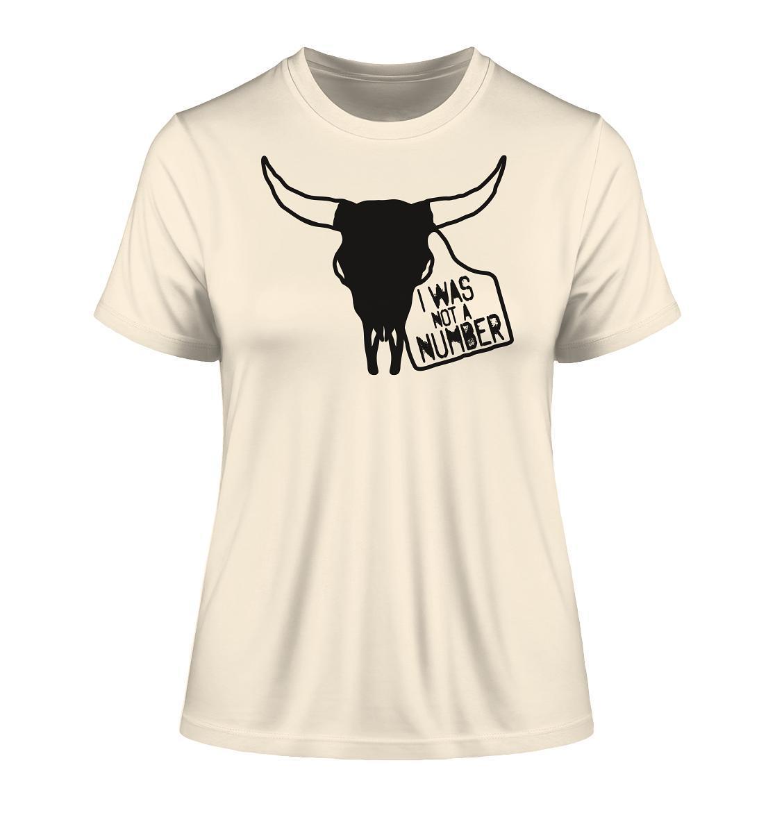 Vegan und Bio Ladies Shirt mit Bullenschädel-Design und Botschaft I was not a number, aus 100% Bio-Baumwolle, symbolisiert Tierschutz und Veganismus.