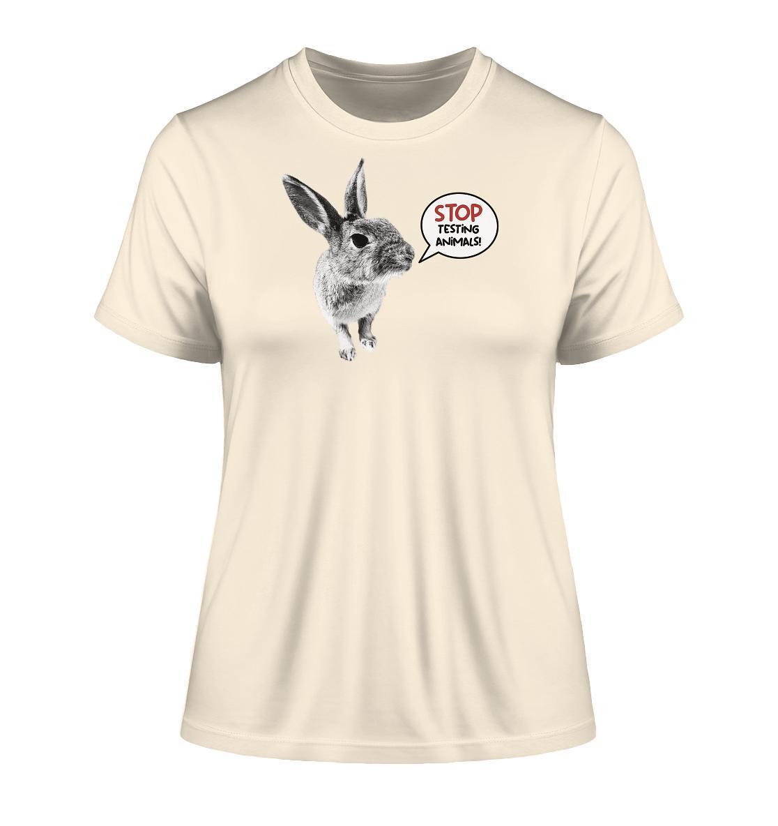 Vegan und Bio Ladies Shirt: Cute Rabbit - Stop Testing Animals! zeigt ein schwarz-weißes Hasenmotiv mit der Botschaft STOP ANIMAL TESTING! auf einem weißen T-Shirt.