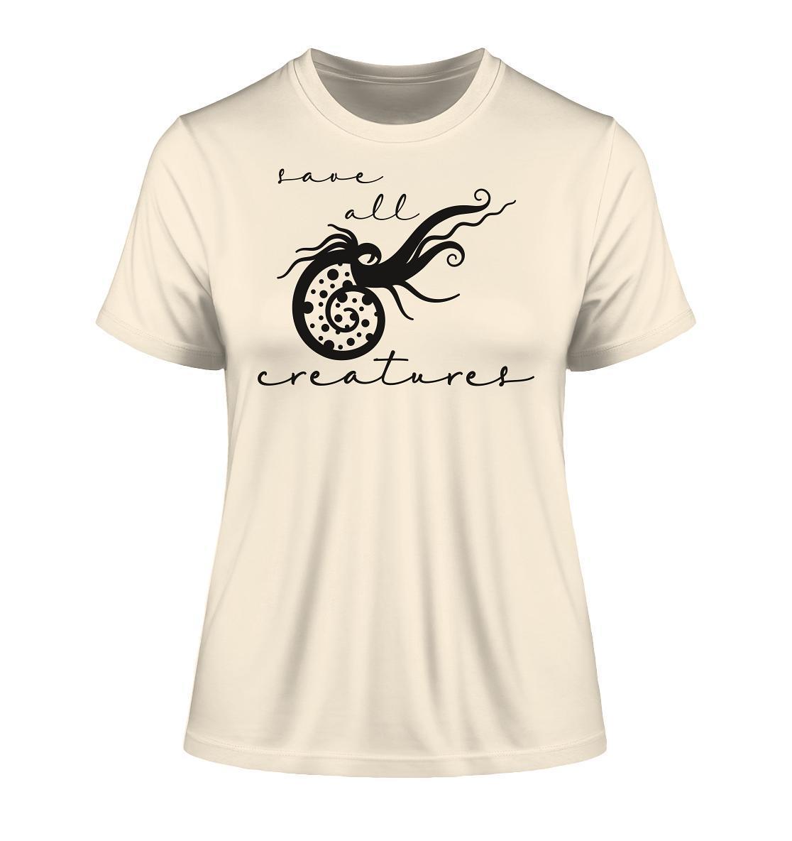 Vegan und Bio Ladies Shirt: Save All Creatures, weiße Bio-Baumwolle mit schwarzem Meereskreatur-Grafikdesign, umweltfreundlich und nachhaltig produziert.