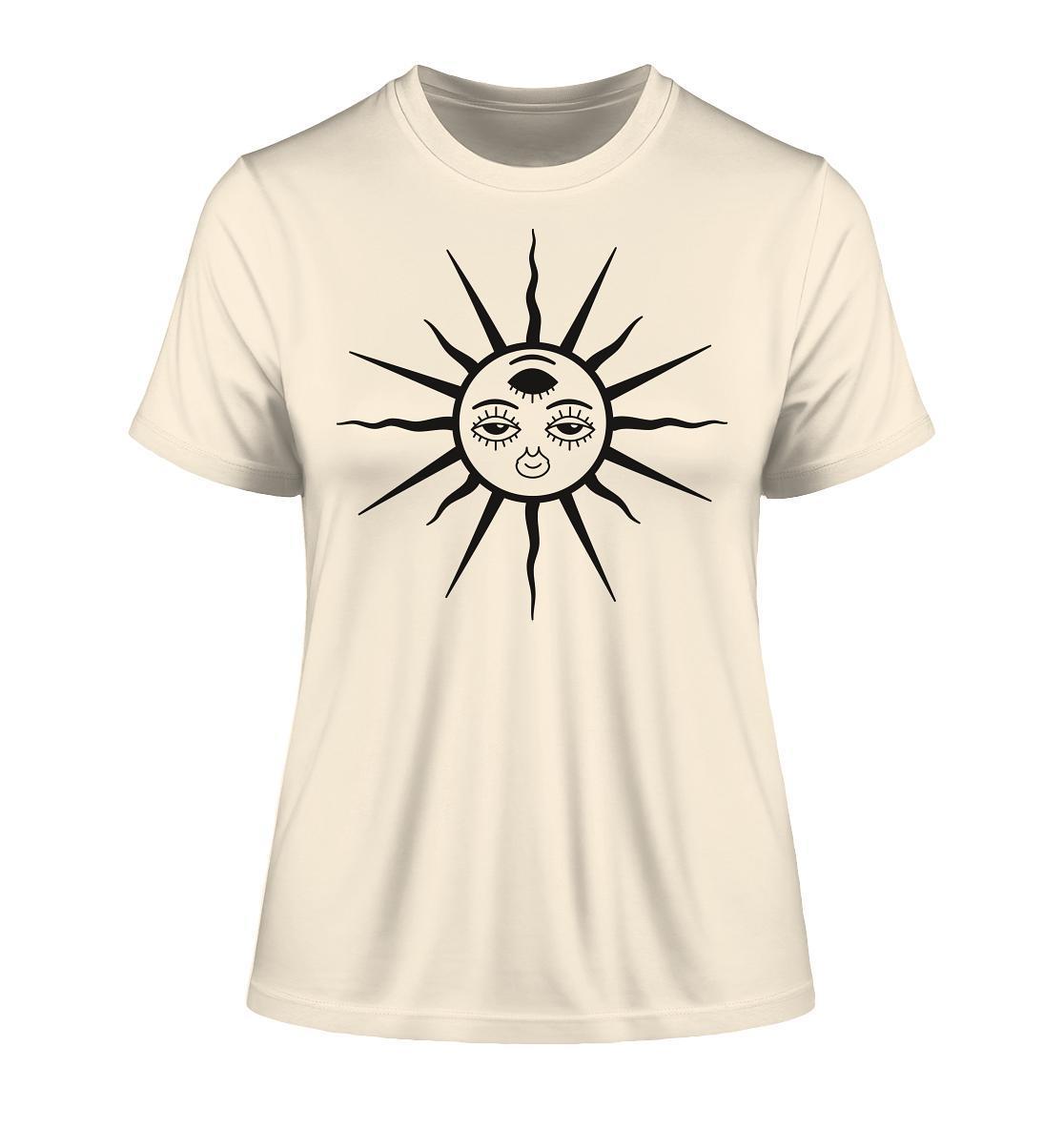 Vegan und Bio Ladies Shirt: The Sun - Third Eye Awakening, weiß mit schwarzem Ethno-Sonnen-Design, aus 100% Bio-Baumwolle, perfekt für nachhaltige Mode.