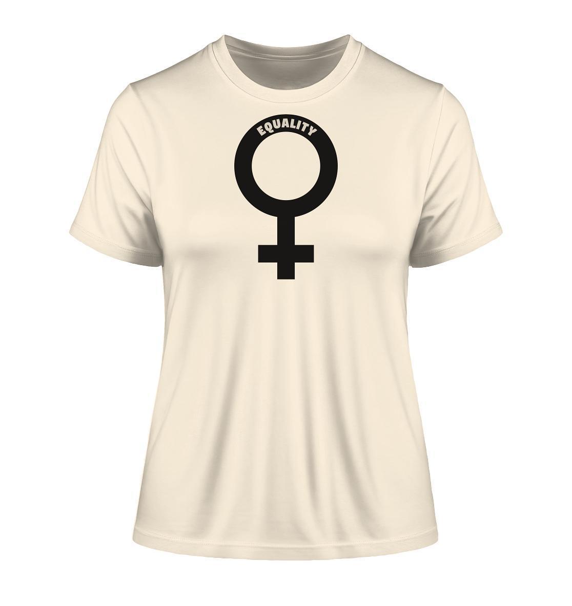 Vegan und Bio Ladies Shirt mit schwarzem Venussymbol, symbolisiert feministische Botschaft. Hergestellt aus Bio-Baumwolle, steht für weltweite Gleichberechtigung von Frauen.