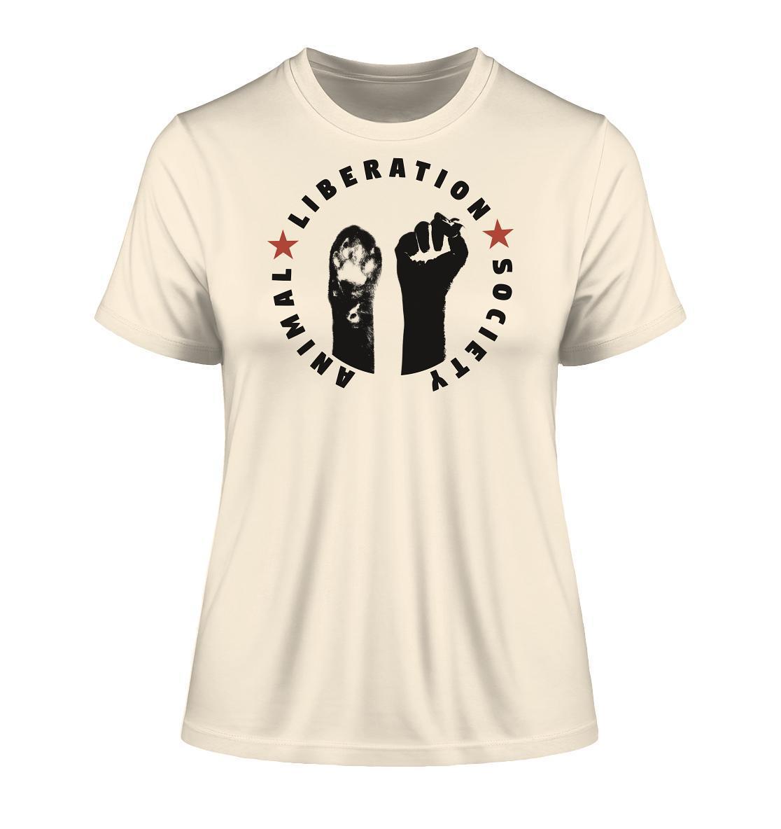 Vegan und Bio Ladies Shirt mit schwarzem Fist- und Pfotenmotiv, symbolisiert Tierbefreiung. Hergestellt aus Bio-Baumwolle, verkörpert es Tierrechte und Nachhaltigkeit.