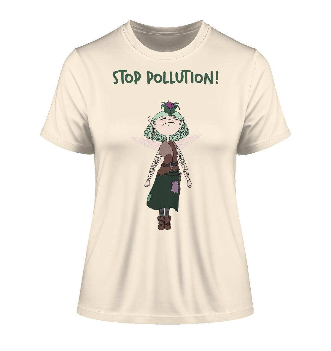 Vegan und Bio Ladies Shirt: STOP POLLUTION! - Krawall Fee, zeigt eine tätowierte Cartoon-Fee auf einem weißen T-Shirt, umweltfreundlich aus Bio-Baumwolle gefertigt.