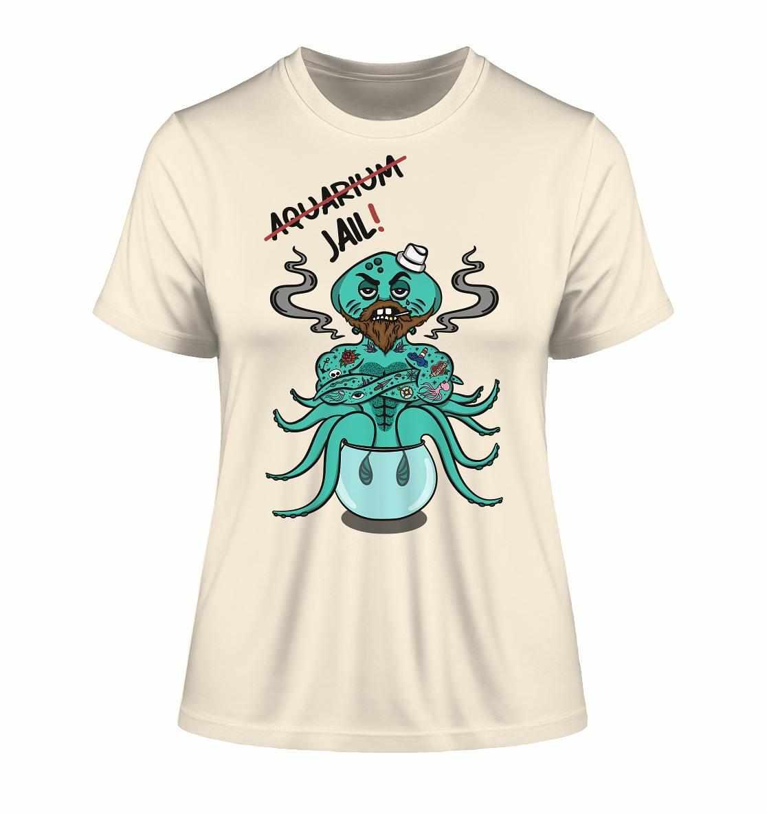 Vegan und Bio Ladies Shirt: Animal Rights - Aquarium=Jail! mit einem Cartoon-Oktopus, der gegen die Gefangenschaft von Meereslebewesen protestiert. Hergestellt aus Bio-Baumwolle.