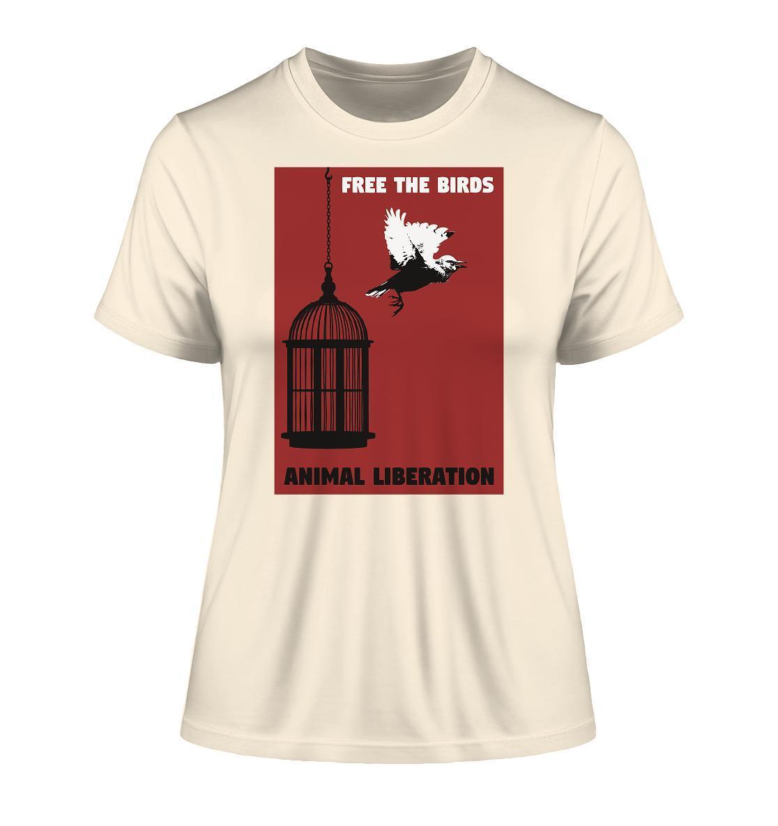Vegan und Bio Ladies Shirt: Free the birds - Animal Liberation, zeigt einen Vogel neben einem Käfig. Hergestellt aus 100% Bio-Baumwolle, symbolisiert es Freiheit.