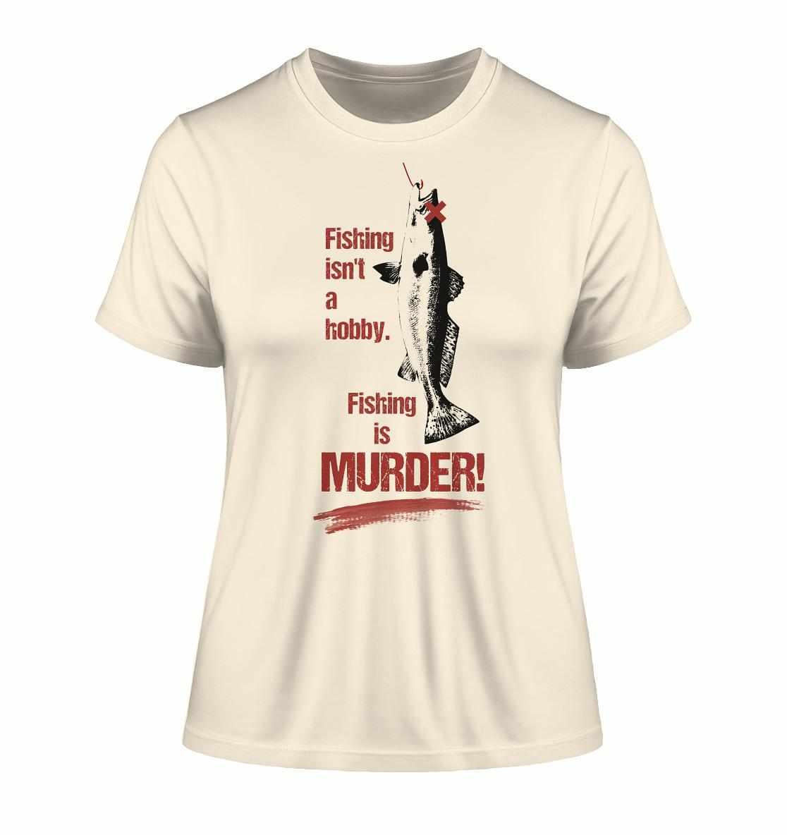 Vegan und Bio Ladies Shirt: Fishing is MURDER! Weißes T-Shirt mit Fischmotiv und kritischem Statement gegen Angeln. Nachhaltig aus Bio-Baumwolle, von RUDE REBEL.