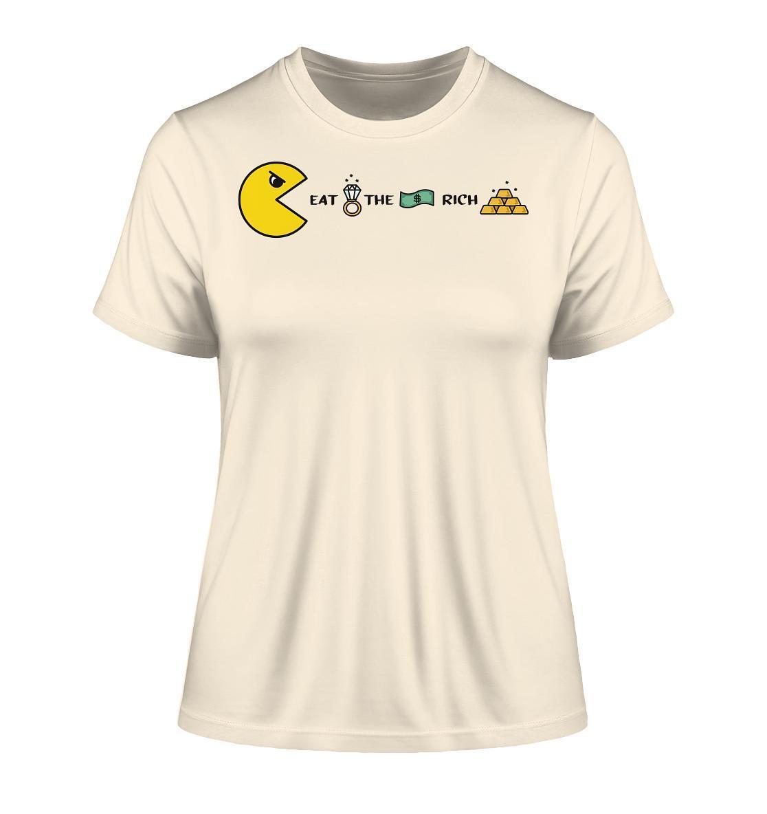 Vegan und Bio Ladies Shirt: PAC-MAN - Eat the rich, mit Cartoon-Motiv und Text, aus Bio-Baumwolle, umweltfreundlich produziert.