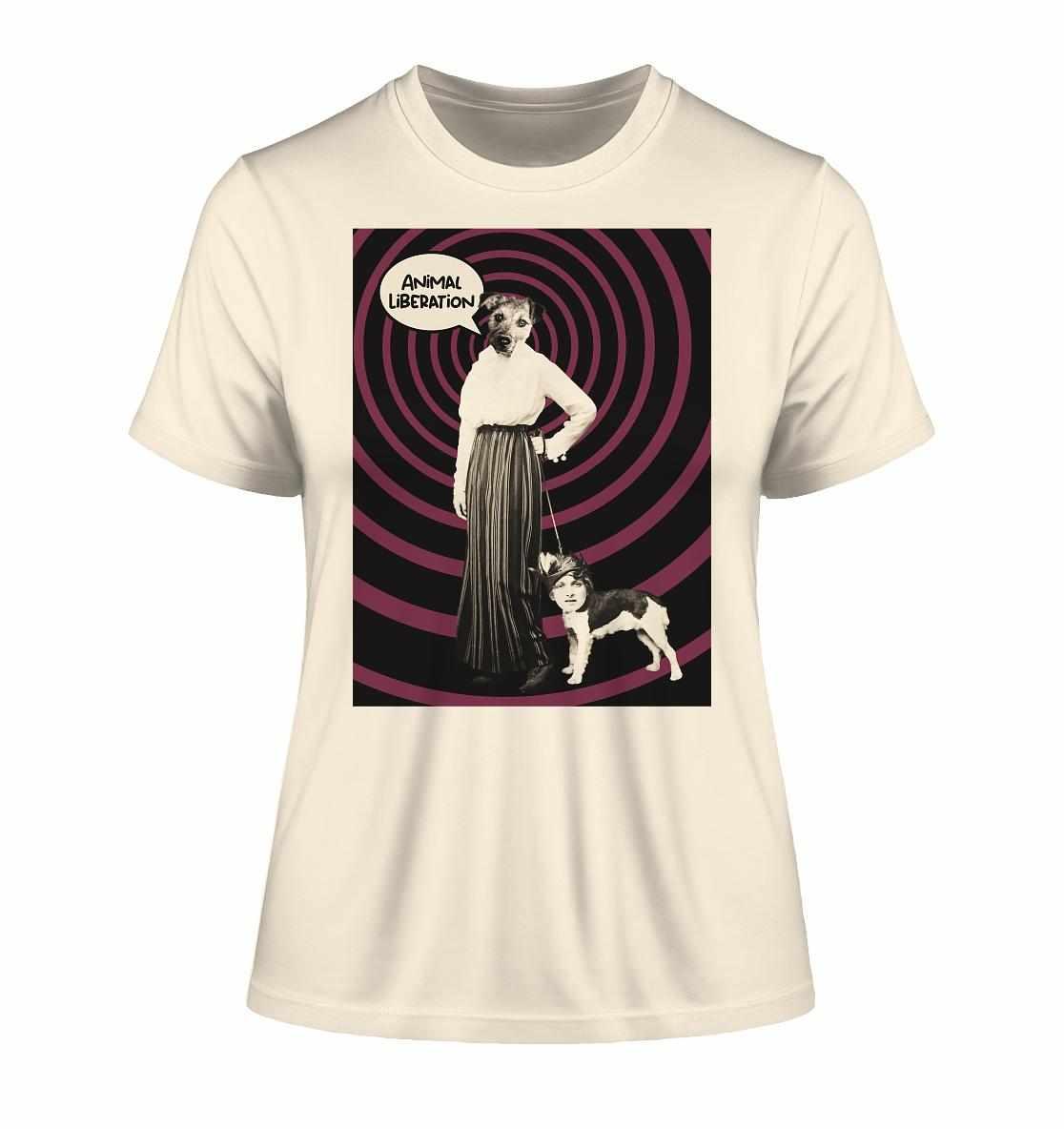 Vegan und Bio Ladies Shirt: Upside Down - Animal Liberation, zeigt digitale Collage einer Frau mit Hund an der Leine, aus Bio-Baumwolle mit Popart- und Vintage-Elementen.