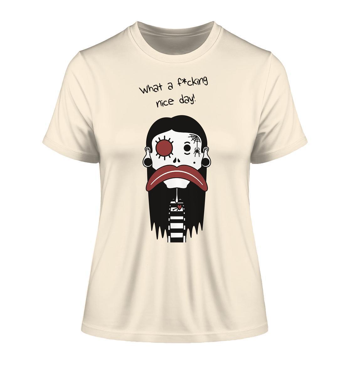 Vegan und Bio Ladies Shirt: Mental health – Bad Day, weiß, mit Cartoonfigur und provokanter Aufschrift, aus Bio-Baumwolle, perfekt für schlechte Tage.