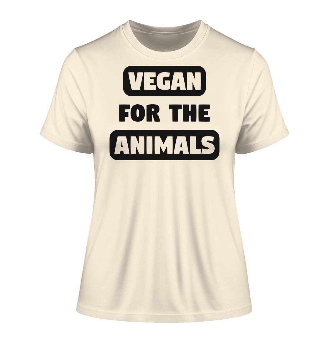 Weißes Bio-Damen-T-Shirt mit schwarzem VEGAN FOR THE ANIMALS-Schriftzug, aus nachhaltiger Baumwolle, betont Tierrechte und Veganismus.