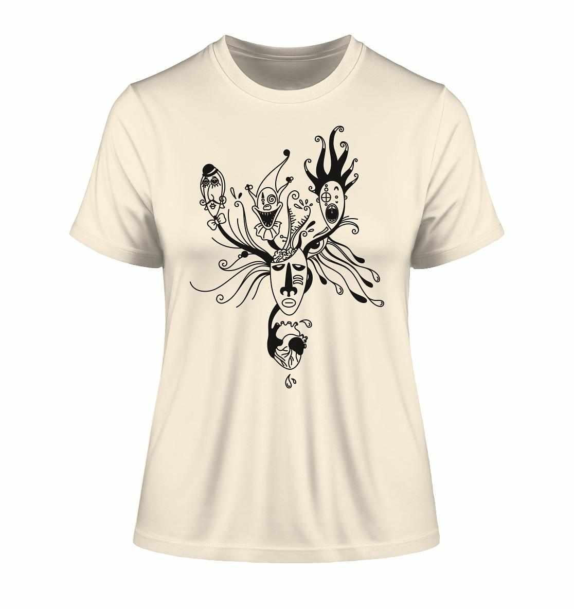 Vegan und Bio Ladies Shirt: Mental Health - Behind the Mask mit schwarz-weißen Gesichtern, inspiriert von persönlicher Vielseitigkeit, aus umweltfreundlicher Bio-Baumwolle, minimalistisches Blackwork-Design.