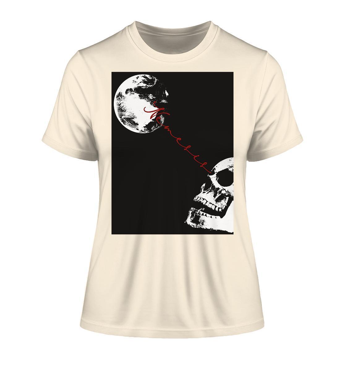 Vegan und Bio Ladies Shirt: Nemesis - Dystopische digitale Collage, zeigt einen Totenkopf und Mond, aus Bio-Baumwolle, für Freunde düsterer Mode.