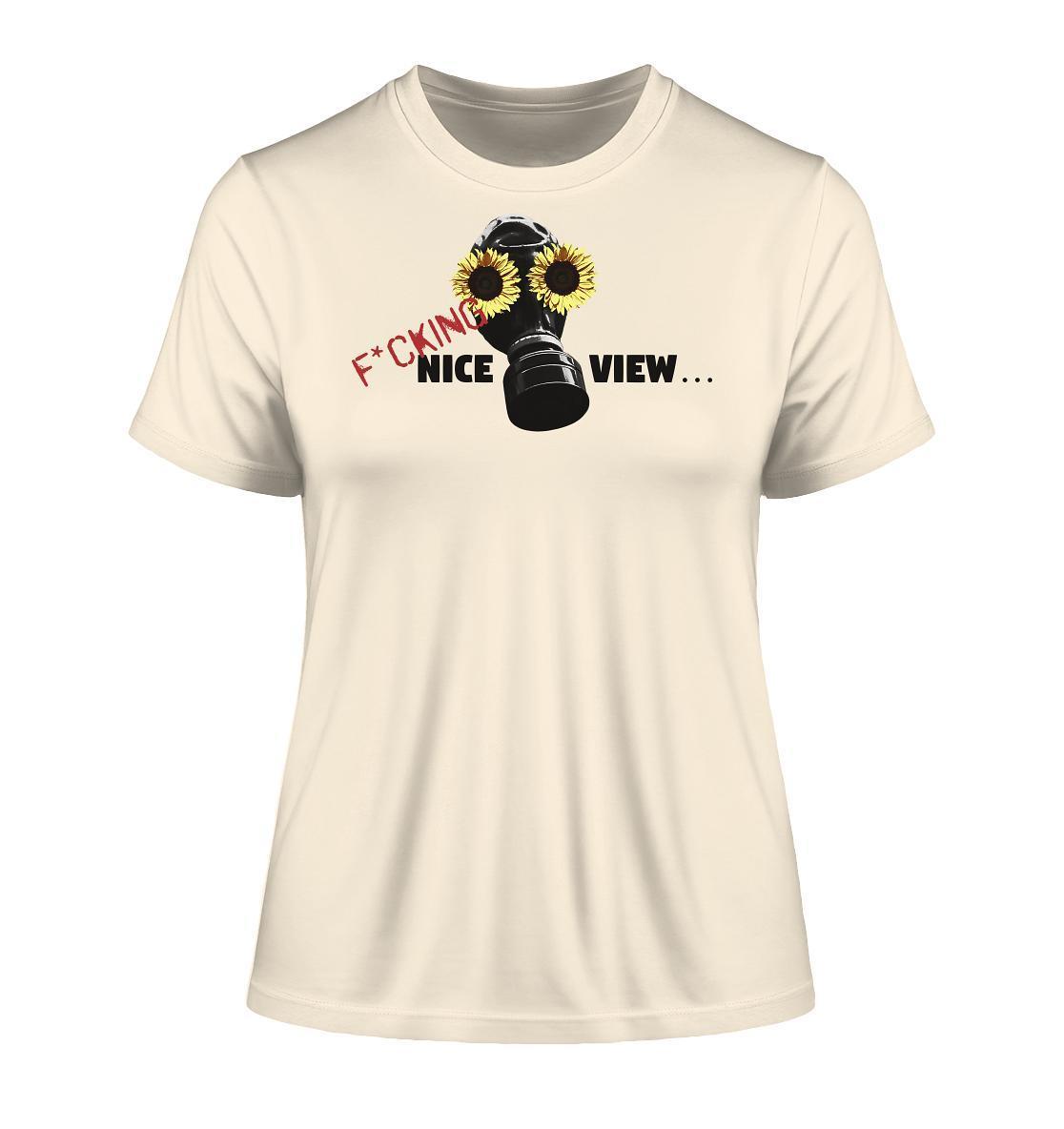 Vegan und Bio Ladies Shirt: Sunflower Mask - F*cking nice view... zeigt ein Gasmaske-Design mit Sonnenblumen auf weißem T-Shirt, nachhaltig aus Bio-Baumwolle gefertigt.