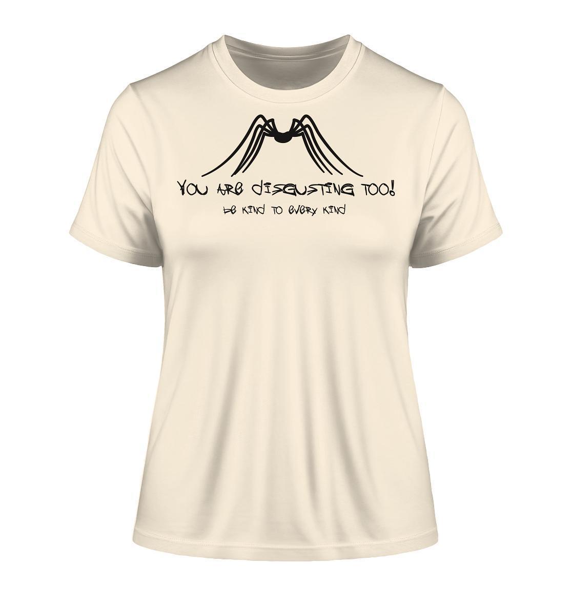 Vegan und Bio Ladies Shirt mit schwarzem Text und Spinnenmotiv, aus 100 % Bio-Baumwolle, fördert Insektenschutz und Tierrechte.