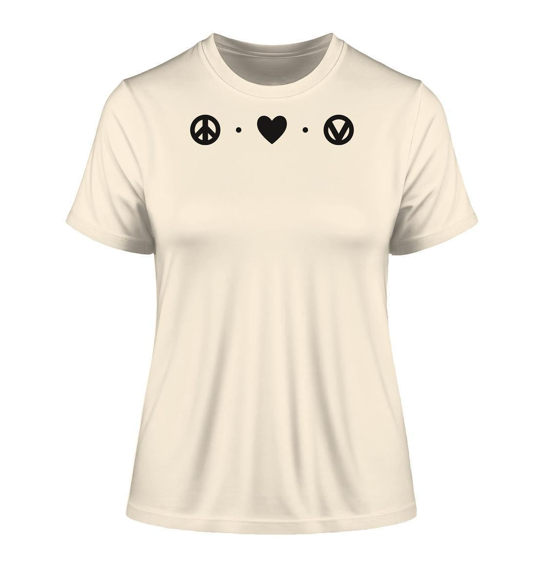 Vegan und Bio Ladies Shirt: Peace - Love - Veganism, weiß mit schwarzen Symbolen wie Herz, Peace-Zeichen und V für Vegan. Bio-Baumwolle, umweltfreundlich produziert.