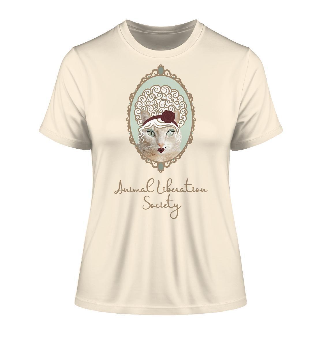 Vegan und Bio Ladies Shirt: Miss Cat - Animal Liberation Society, zeigt eine Katze mit Rosen in einem Rahmen auf einem umweltfreundlichen T-Shirt aus Bio-Baumwolle.