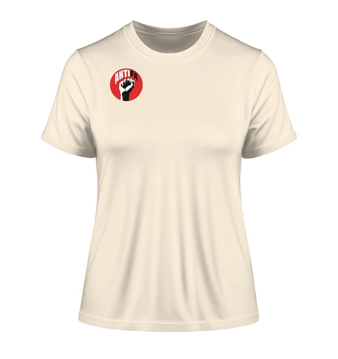 Vegan und Bio Ladies Shirt: Antifa - Gemeinsam gegen Rechts, weißes Shirt mit schwarzer Faust in der Mitte, aus 100 % Bio-Baumwolle, rebellisches Design gegen Faschismus.