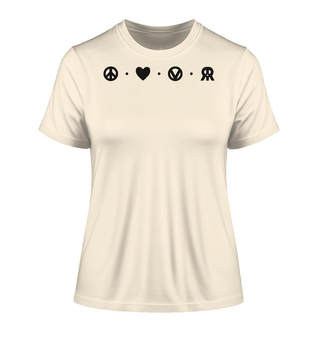 Vegan und Bio Ladies Shirt: Peace - Love - Veganism - RUDE REBEL, weiß mit schwarzen Symbolen, friedfertig, rebellisch, aus 100% Bio-Baumwolle, schlicht und aussagekräftig.