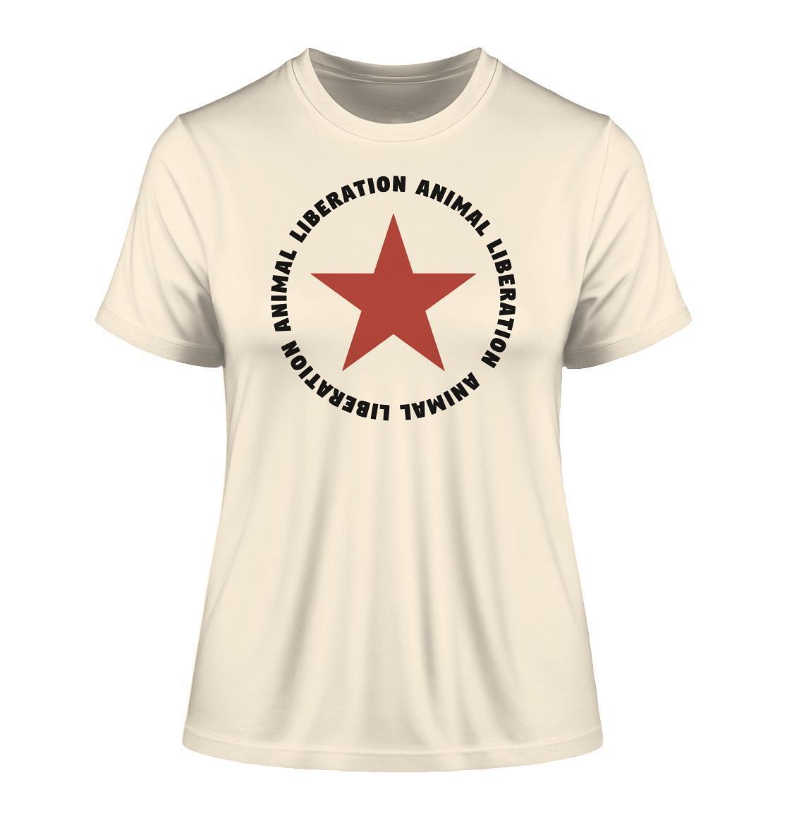 Vegan und Bio Ladies Shirt: Red Star and Animal Liberation, weißes T-Shirt mit rotem Stern und schwarzem Text, aus 100% Bio-Baumwolle, umweltfreundlich und vegan produziert.