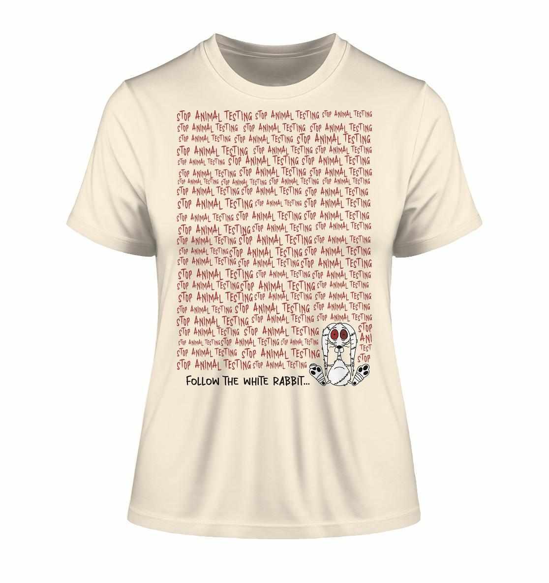 Vegan und Bio Ladies Shirt mit rotem Text und Cartoon-Häschen, das auf Tierversuche aufmerksam macht. Hergestellt aus 100% Bio-Baumwolle.