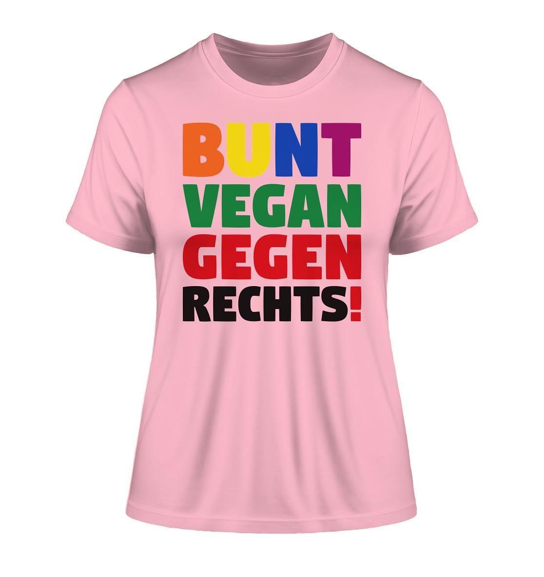 Vegan und Bio Ladies Shirt mit buntem, mehrfarbigem Text, inspiriert von Demonstrationen für Toleranz und Tierrechte, aus umweltfreundlicher Bio-Baumwolle und Recyclingmaterialien gefertigt.