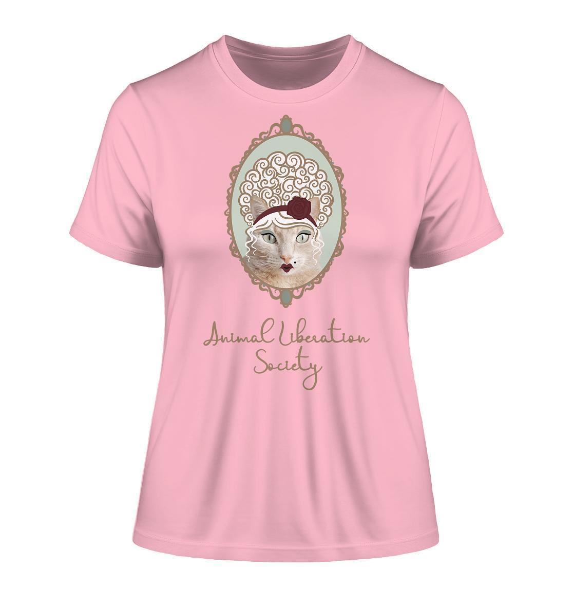 Vegan und Bio Ladies Shirt: Miss Cat - Animal Liberation Society, zeigt eine Katze mit Rose. Mitglied der Animal Liberation Society, aus Bio-Baumwolle gefertigt.