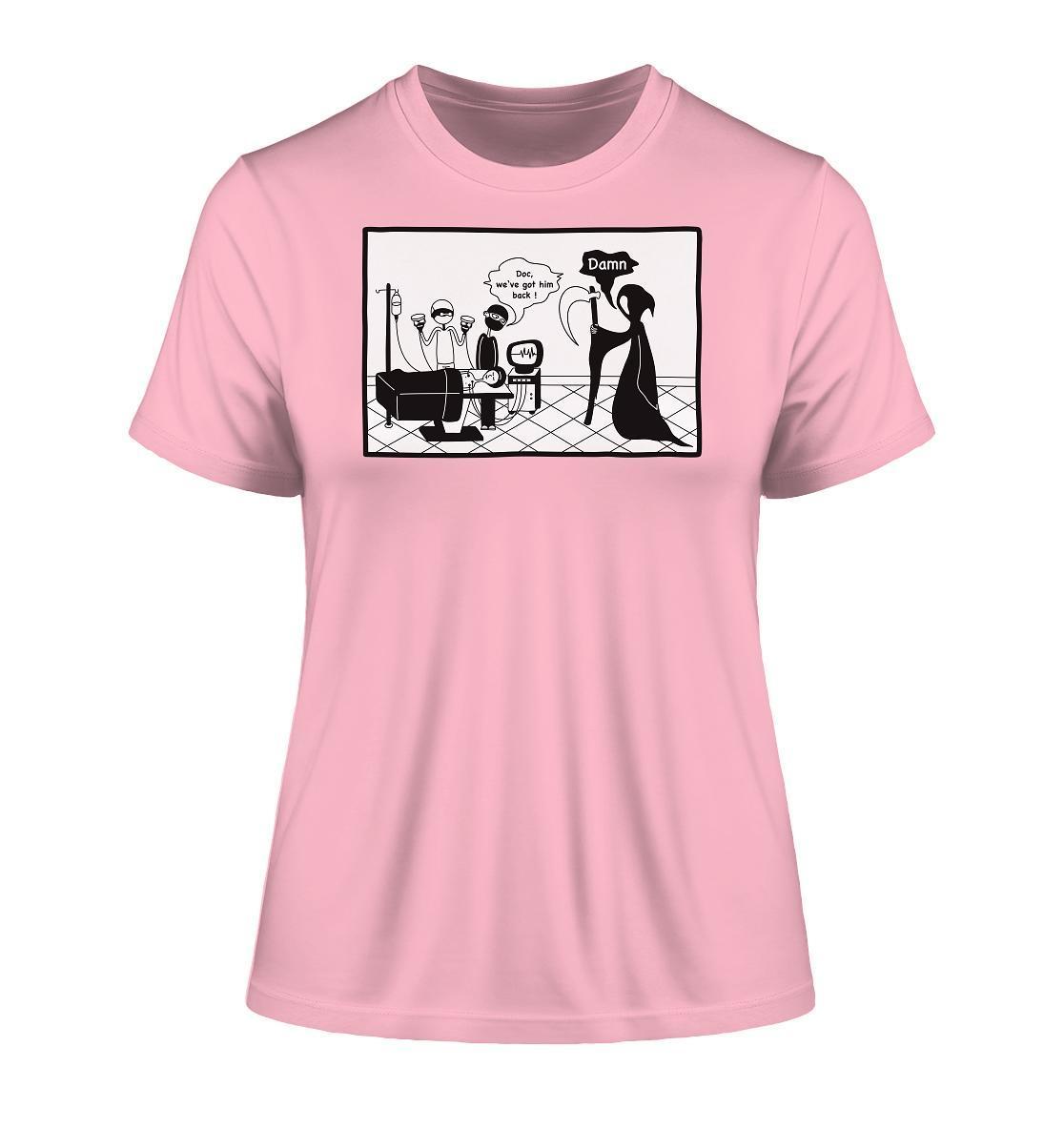 Vegan und Bio Ladies Shirt: Comicstripe - The Reaper, zeigt einen Cartoon mit dem Tod in einem Badezimmer, inspiriert von schwarzem Humor und nachhaltigem Design.