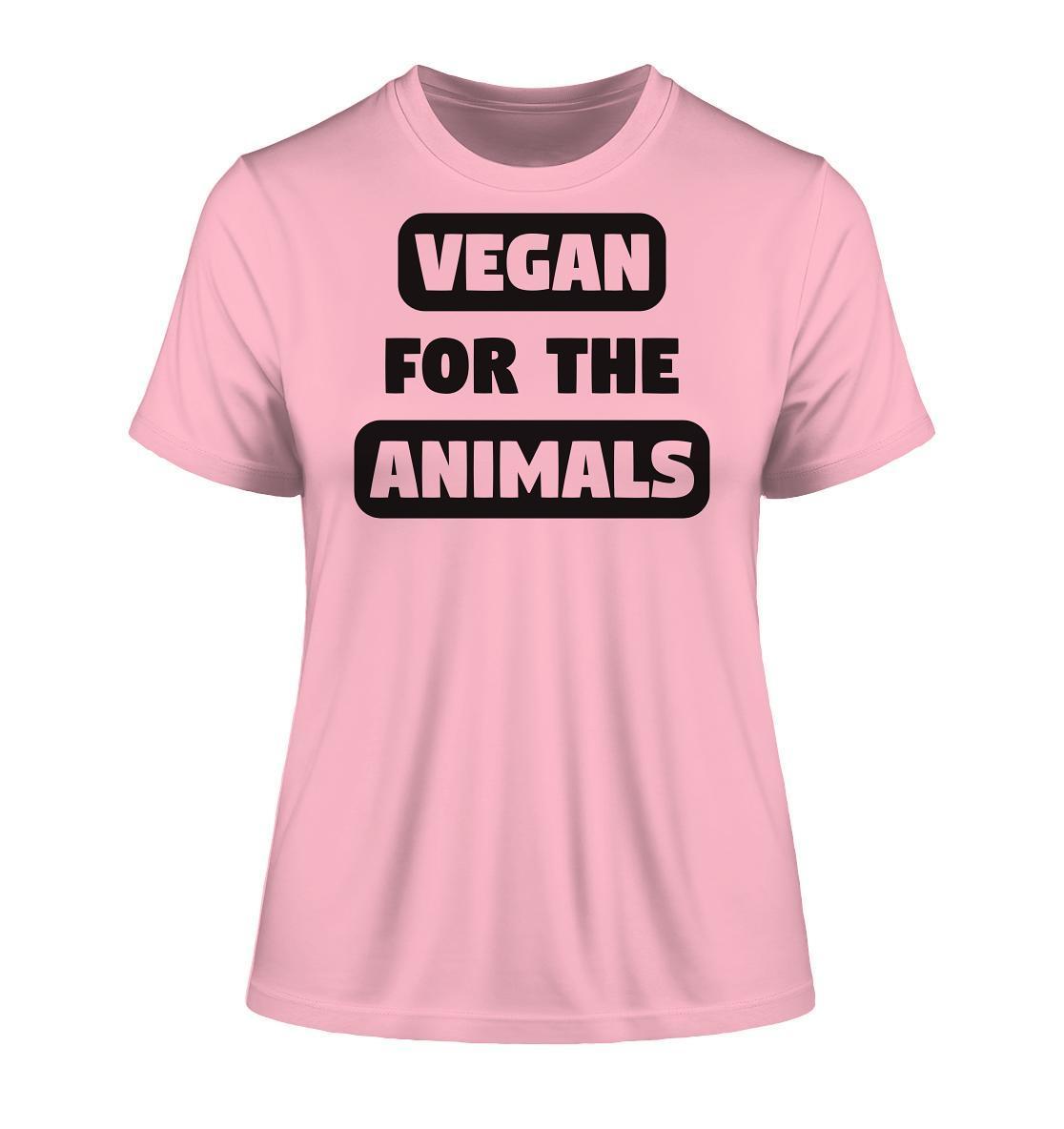 Vegan und Bio Ladies Shirt mit VEGAN FOR THE ANIMALS Aufschrift, aus 100 % Bio-Baumwolle, betont Tierrechte und Nachhaltigkeit.