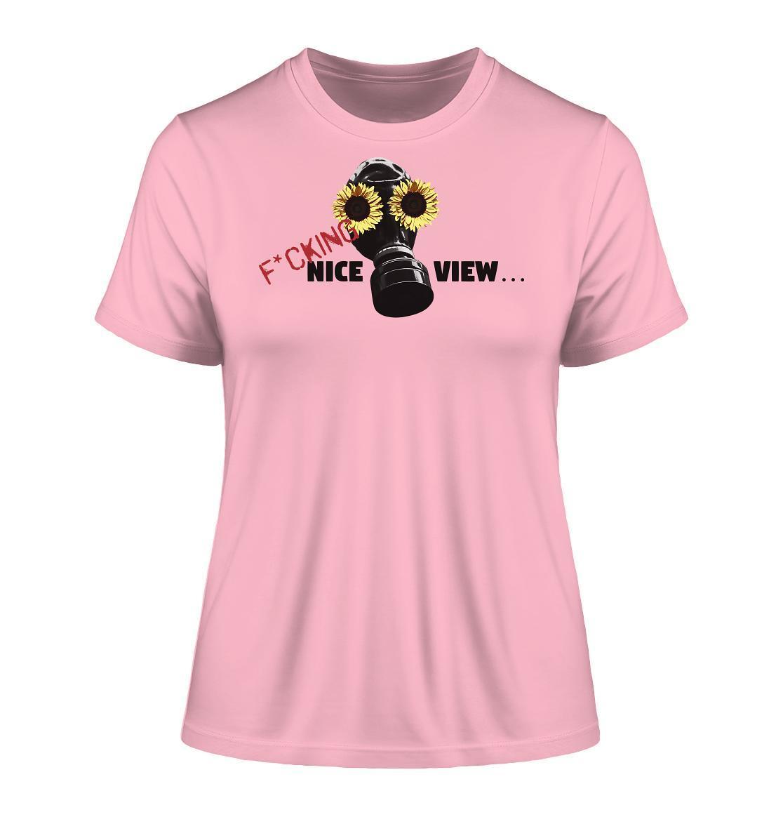 Vegan und Bio Ladies Shirt mit Gasmaske und Sonnenblumen-Motiv, inspiriert von einer nachhaltigen Zukunft, aus Bio-Baumwolle, designed von RUDE REBEL.