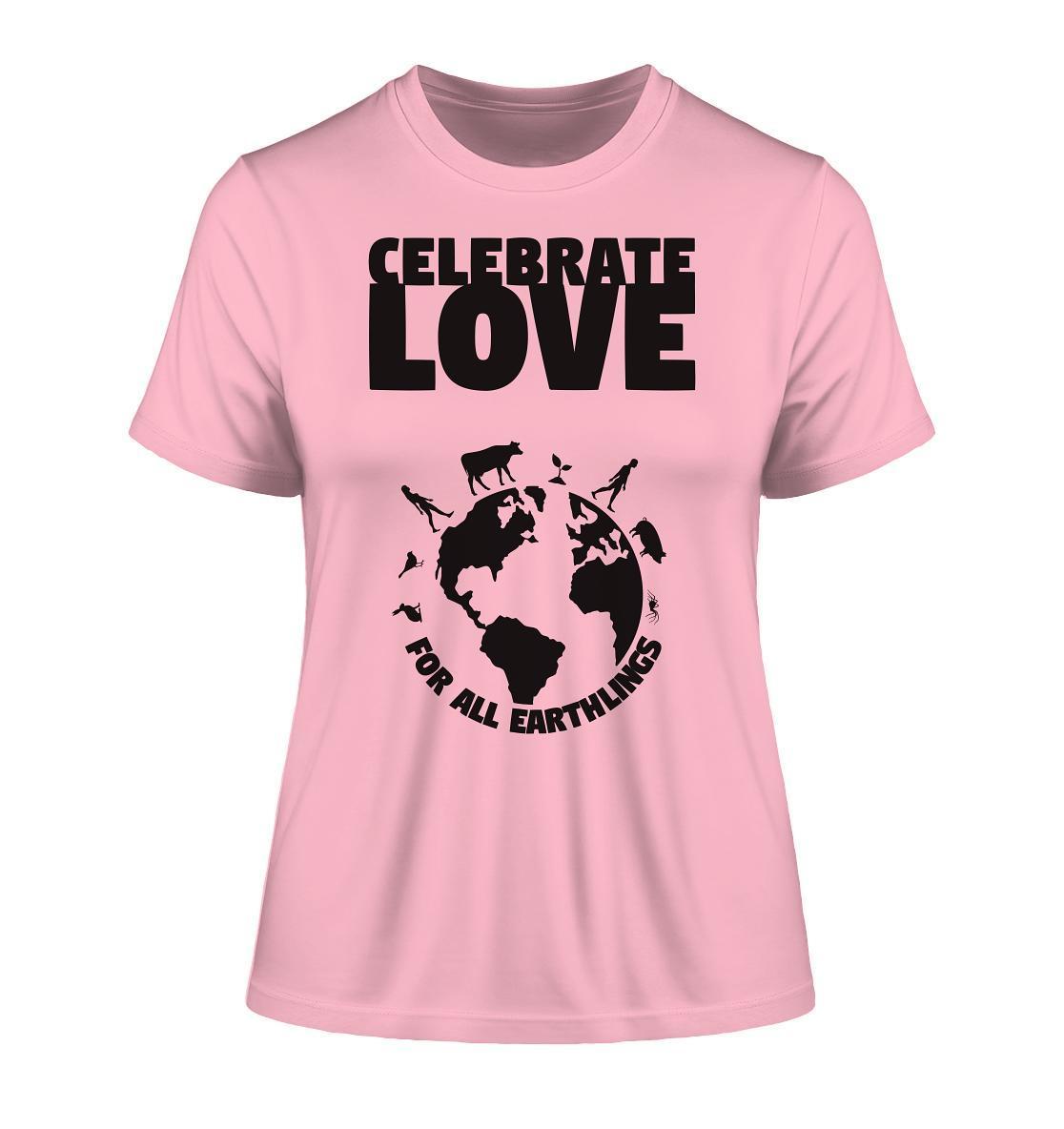 Vegan und Bio Ladies Shirt mit schwarzen Silhouetten und Text, feiert Liebe für alle Erdlinge. Umweltfreundlich, aus Bio-Baumwolle, von RUDE REBEL.